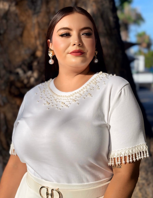 Playera blanca perlas