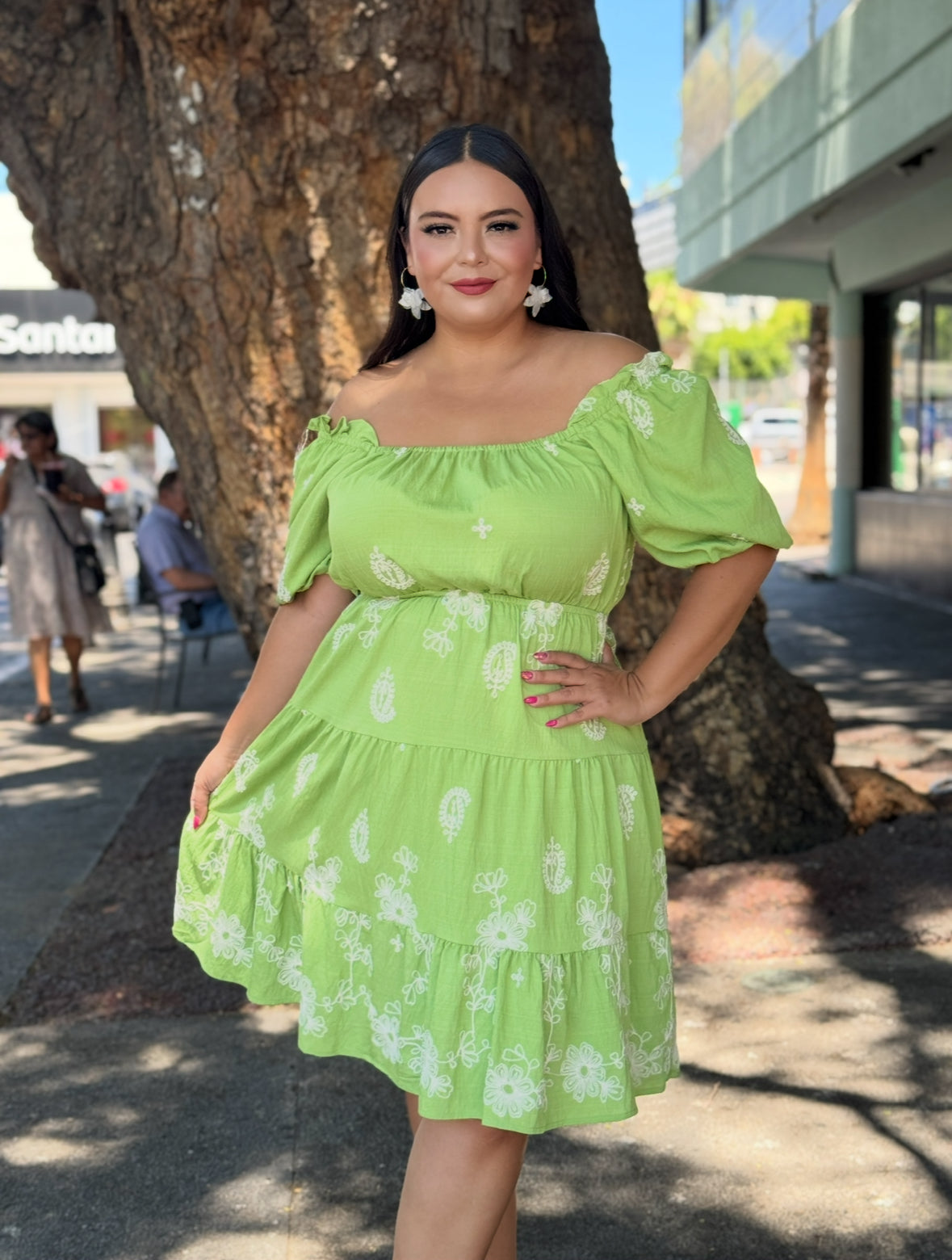 Vestido verde con estampado bordado