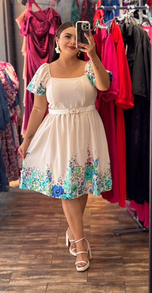 Vestido floral azul turquesa