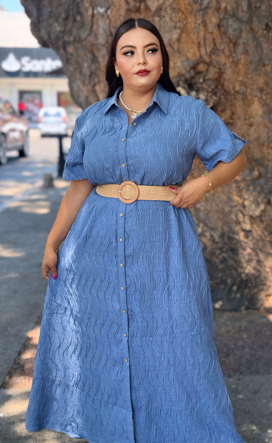 Vestido largo azul con cinto