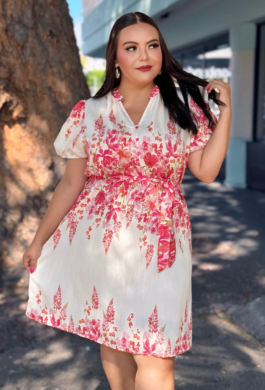 Vestido flor rosa con cinto