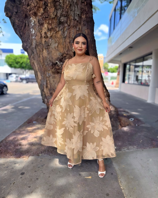 Vestido Flores Beige