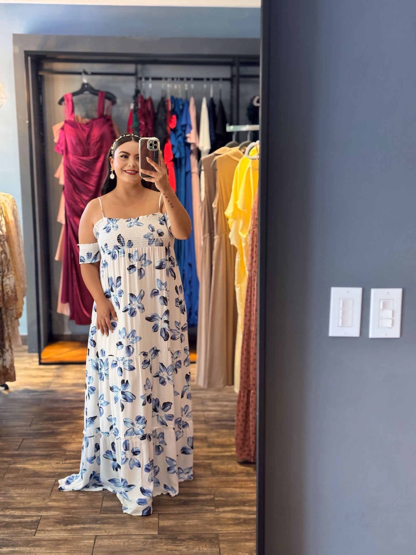 Vestido largo blanco azul