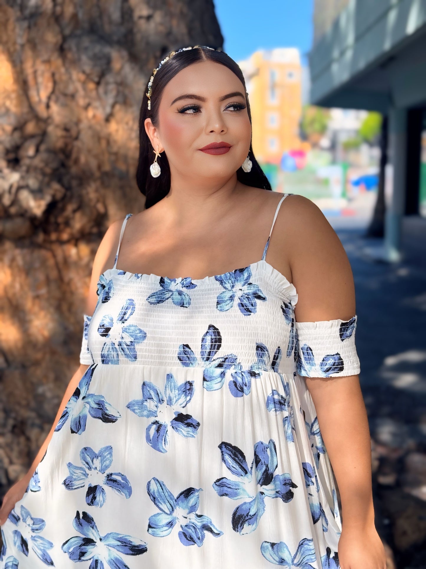 Vestido largo blanco azul