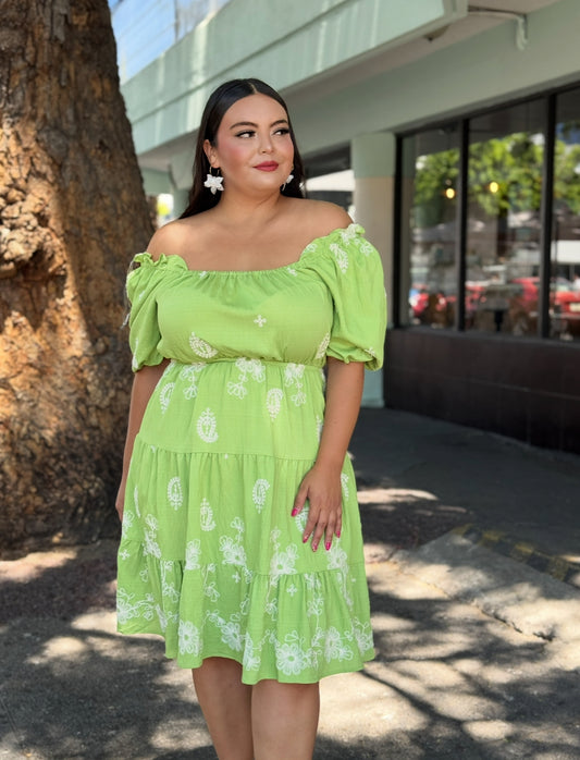 Vestido verde con estampado bordado