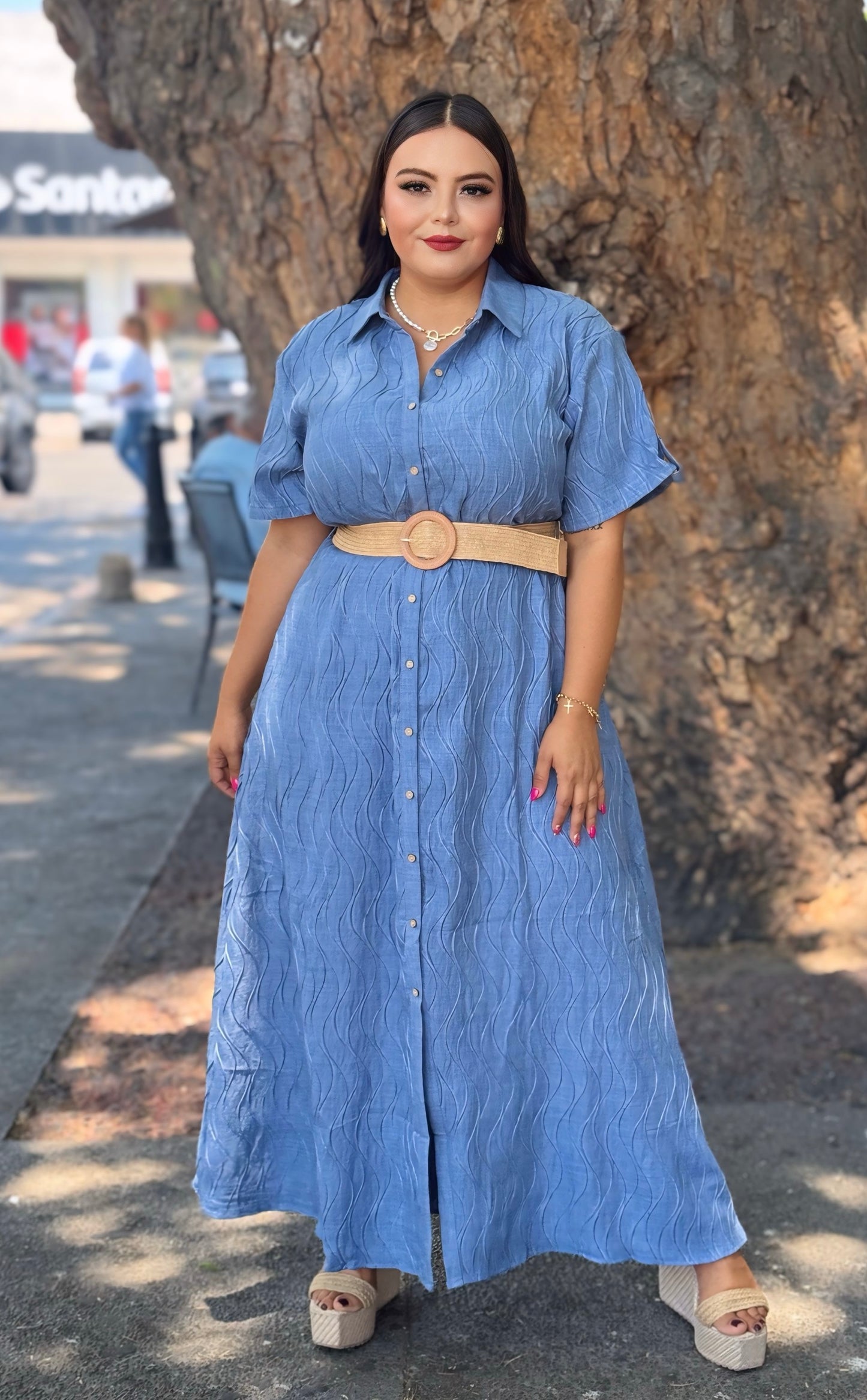 Vestido largo azul con cinto