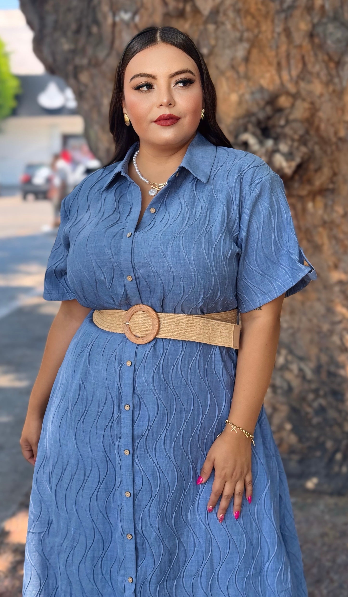 Vestido largo azul con cinto