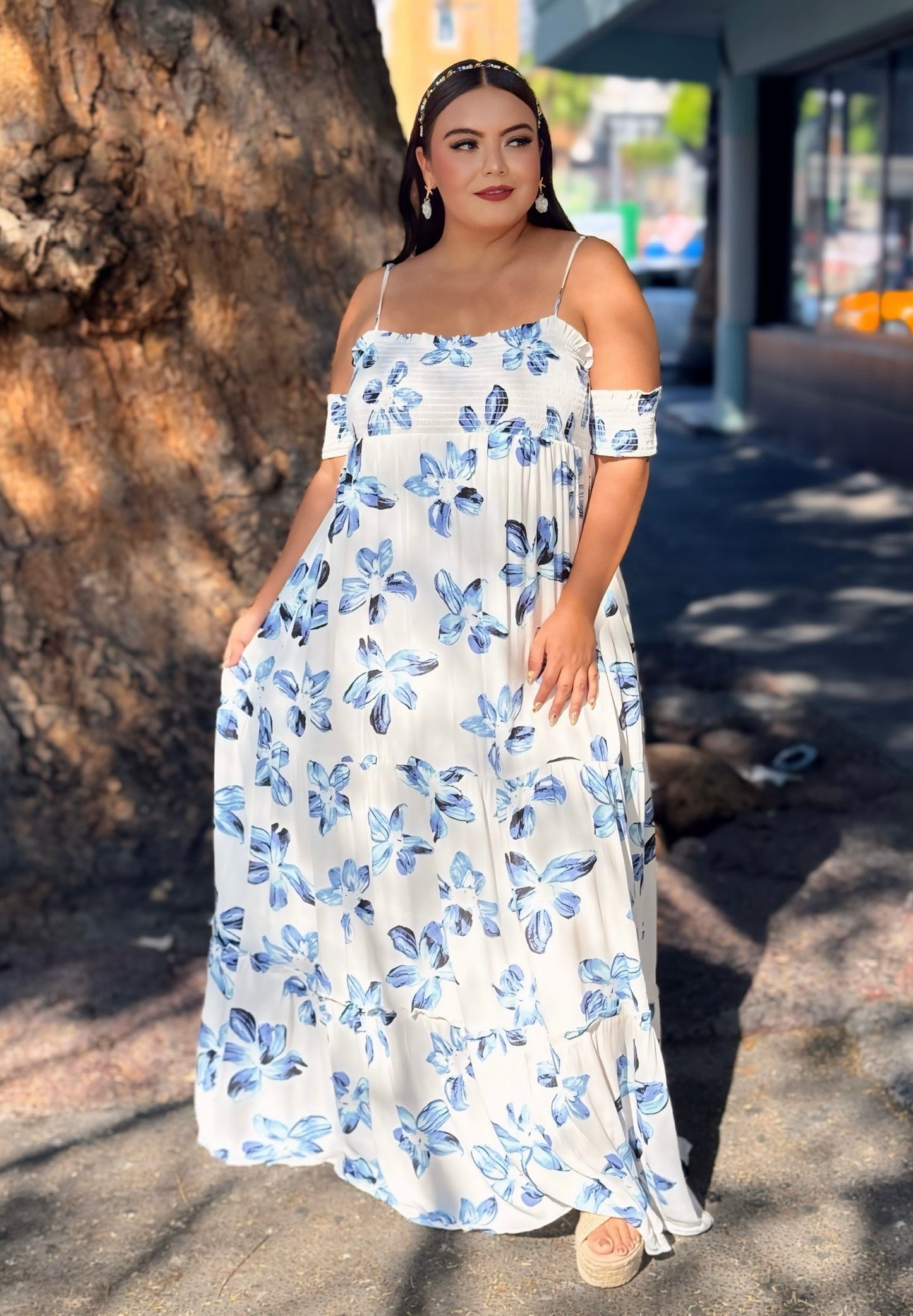 Vestido largo blanco azul