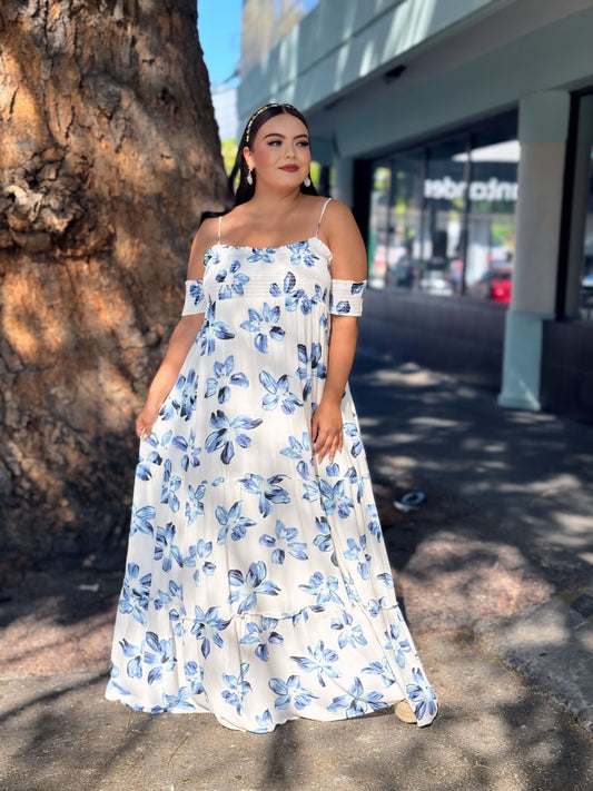 Vestido largo blanco azul