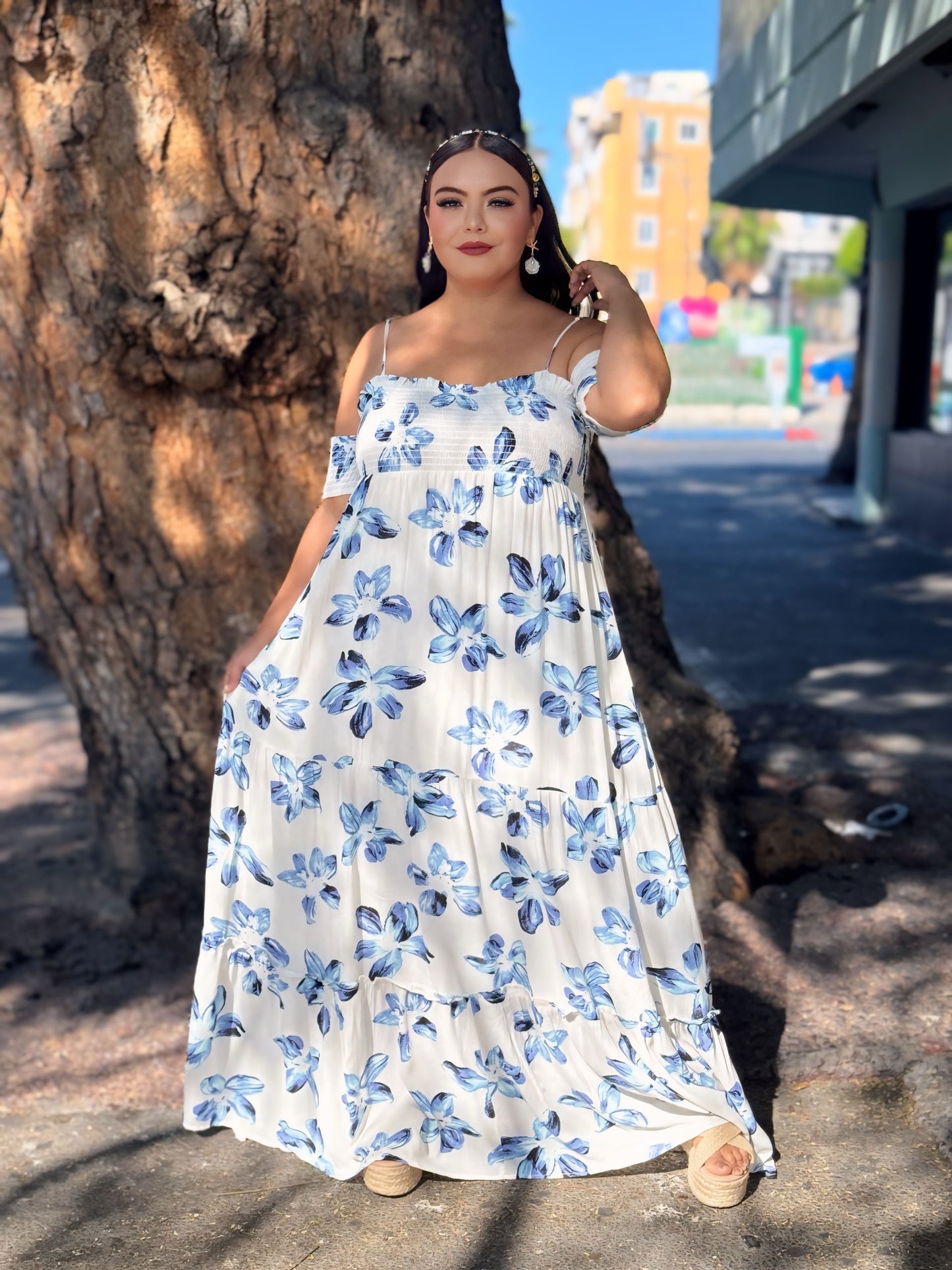 Vestido largo blanco azul